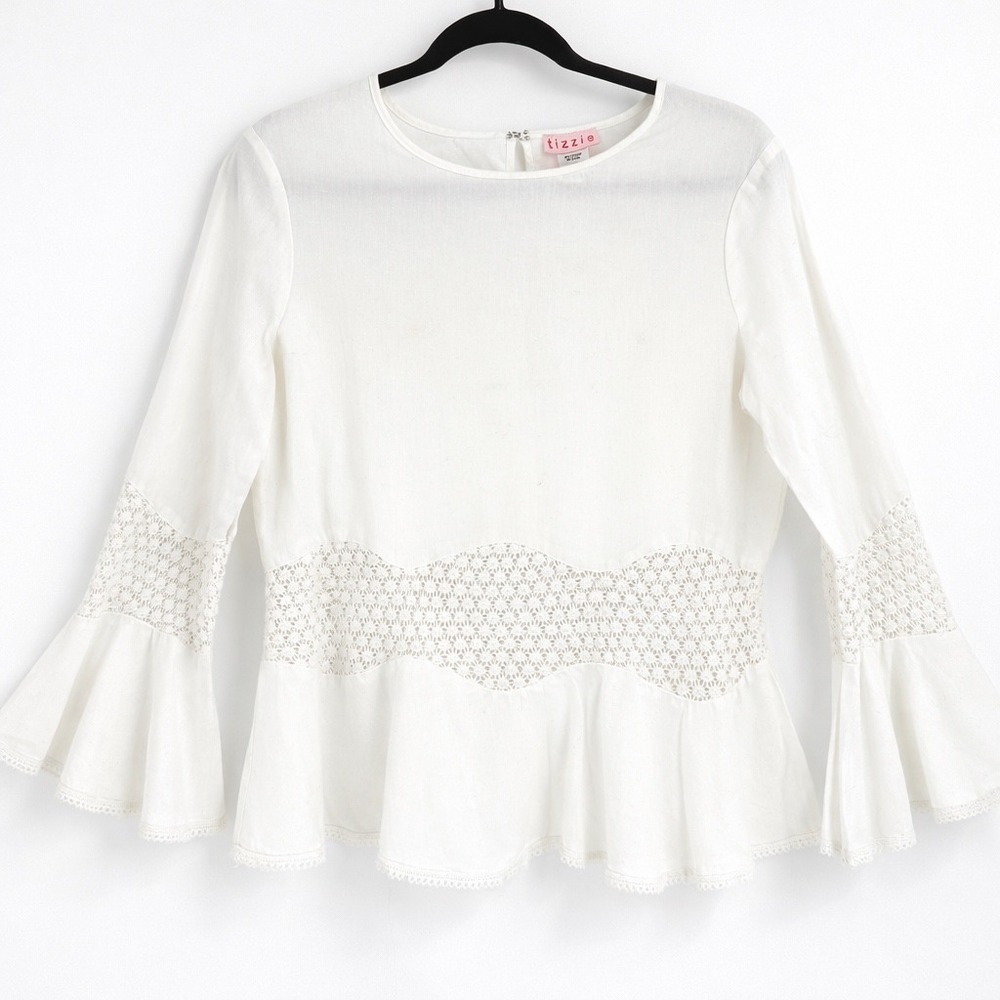 Tizzie Crochet Lace Blouse Women‎ Small White Bell Sleeve Boho Cottagecore Top